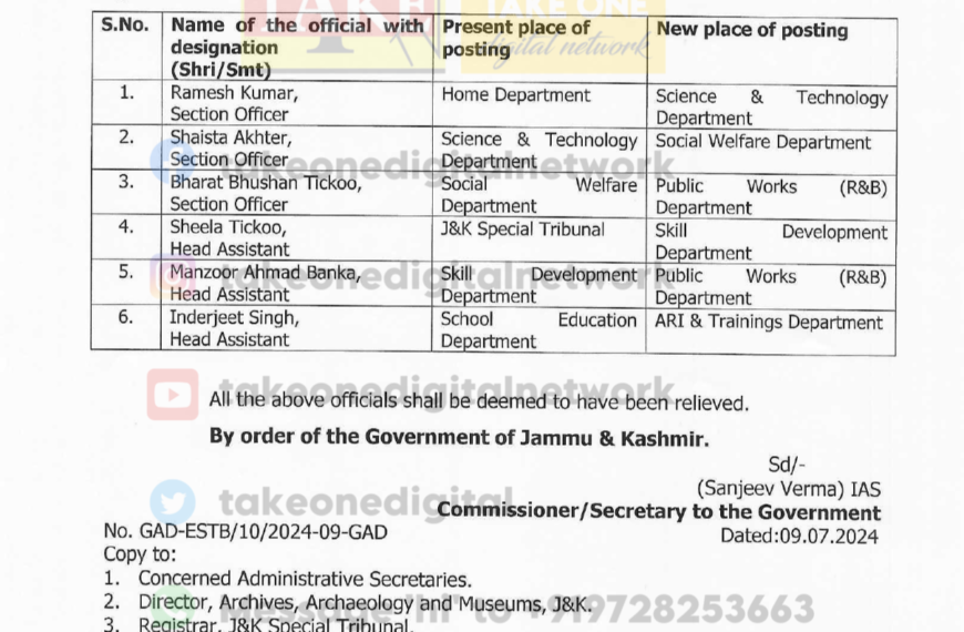 3 Section Officers, 3 Head Assistants transferred & posted in J&K Admin