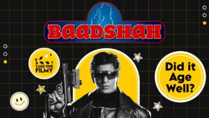 Text on a black background Baadshah in the left Takeon and in the right Did is age well. The image also has the Shahrukh khan with the pistol in his hand and the google in his eyes.