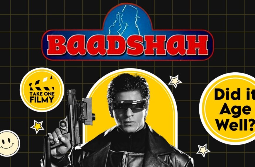 Text on a black background Baadshah in the left Takeon and in the right Did is age well. The image also has the Shahrukh khan with the pistol in his hand and the google in his eyes.