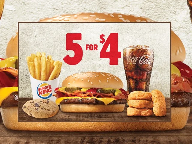 A Burger King advertisement featuring a 5 for $4 meal deal. The image shows a cheeseburger, fries, chicken nuggets, a cookie, a Coca-Cola, and a side of bacon.