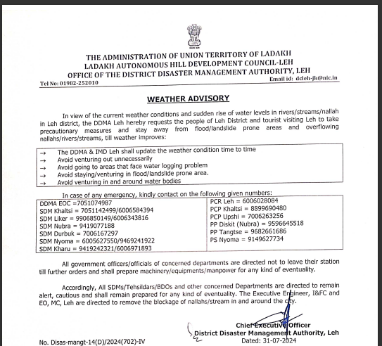 DDMA Leh warns of flood & landslide risks; urges visitors to take precautionary measures