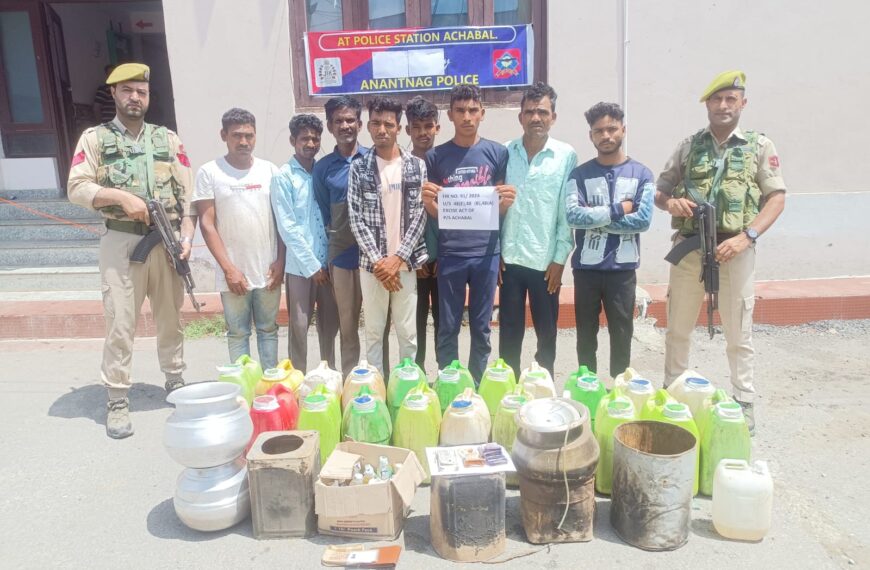 Anantnag police seizes large cache of country-made liquor, arrests 8, and confiscates ₹13,600