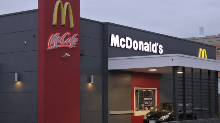 A photo of a McDonald's restaurant with the golden arches logo illuminated at night. The restaurant is a large, modern building with a drive-thru window. McDonald's Drink Menu With Prices