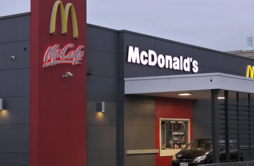 A photo of a McDonald's restaurant with the golden arches logo illuminated at night. The restaurant is a large, modern building with a drive-thru window. McDonald's Drink Menu With Prices