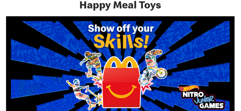 A vibrant image showcasing a McDonald's Happy Meal with a focus on the included toys. The image features various action-packed activities like skateboarding, BMX biking, and rollerblading. The text "Happy Meal Toys," "Show off your Skills!," "JUNIOR GAMES," and "NITRO JUNIOR GAMES" are prominently displayed. The overall theme suggests fun, excitement, and skill-based play.