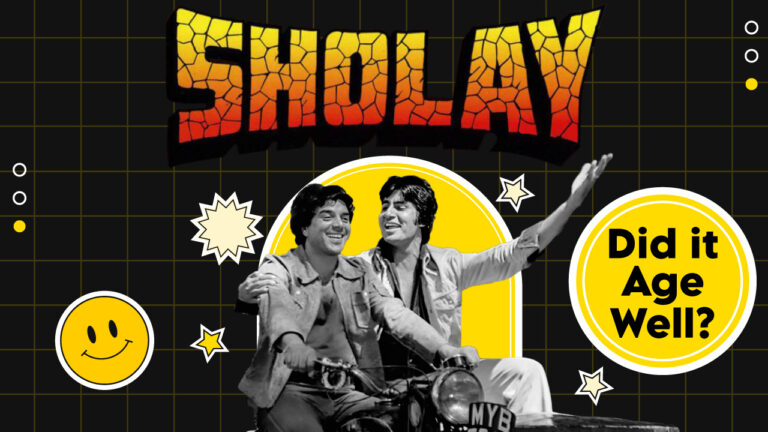 A vintage-style poster with a question: "Did it Age Well?" featuring iconic Bollywood actors Dharmendra and Amitabh Bachchan on a motorcycle from the classic film "Sholay