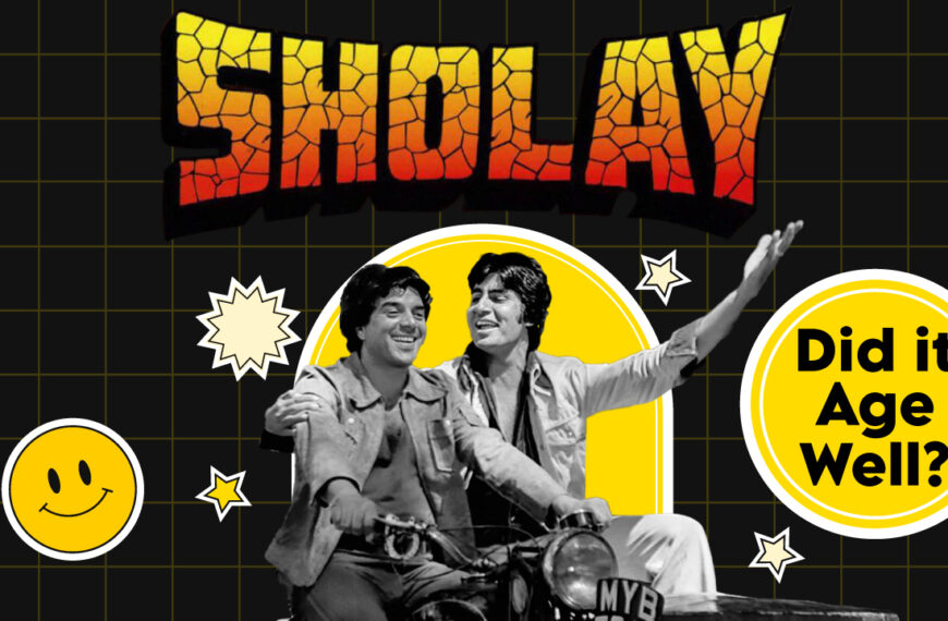 A vintage-style poster with a question: "Did it Age Well?" featuring iconic Bollywood actors Dharmendra and Amitabh Bachchan on a motorcycle from the classic film "Sholay