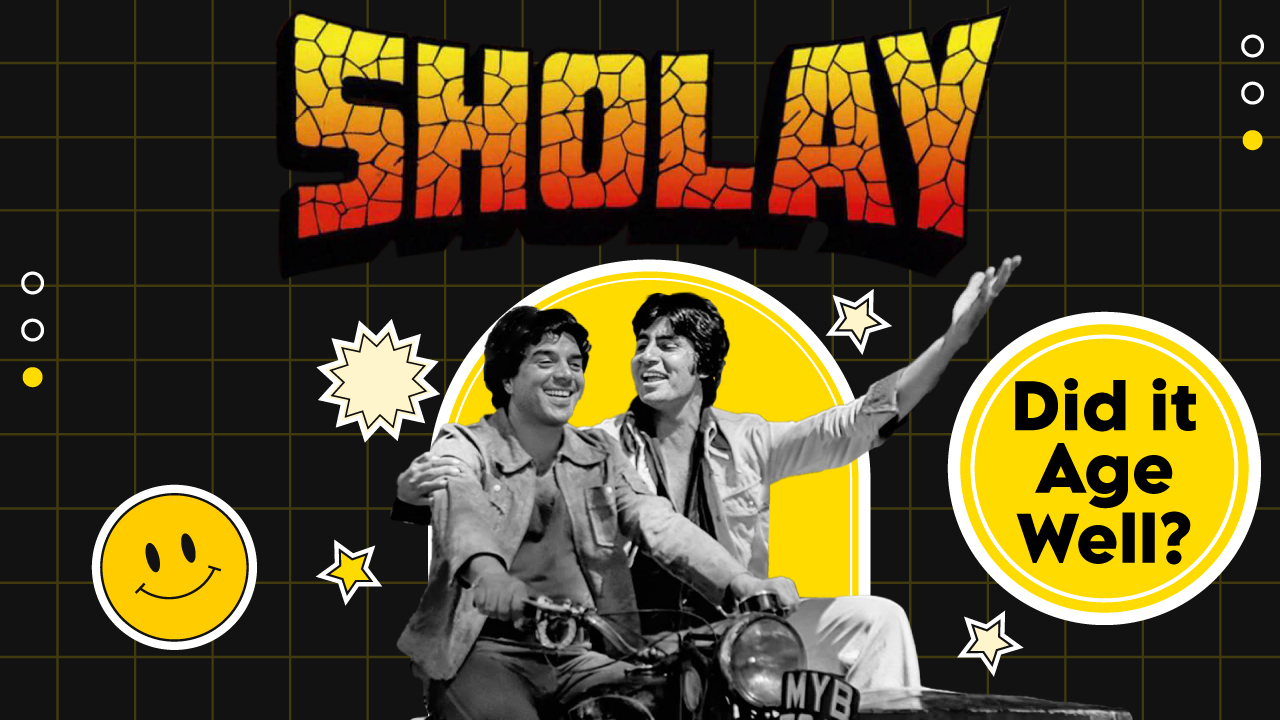 A vintage-style poster with a question: "Did it Age Well?" featuring iconic Bollywood actors Dharmendra and Amitabh Bachchan on a motorcycle from the classic film "Sholay