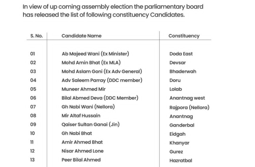 DPAP announces candidates for 13 Assembly Constituencies