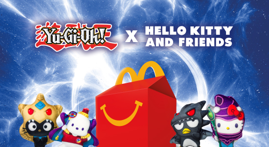 A vibrant image featuring a McDonald's Happy Meal box with a crossover theme of Yu-Gi-Oh! and Hello Kitty. The image showcases characters from both franchises, including Hello Kitty, Kuromi, and Yu-Gi-Oh! monsters. The text 