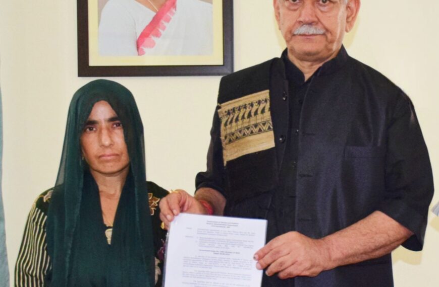 LG Manoj Sinha hands over appointment letter to wife of Civilian Bus Driver who lost his life in Reasi terror attack