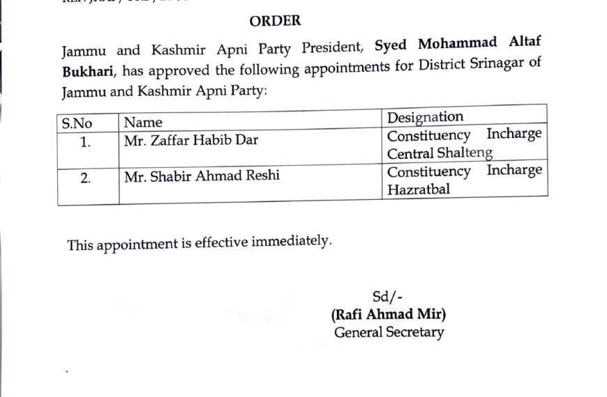 Apni Party appoints constituency incharges for Srinagar district