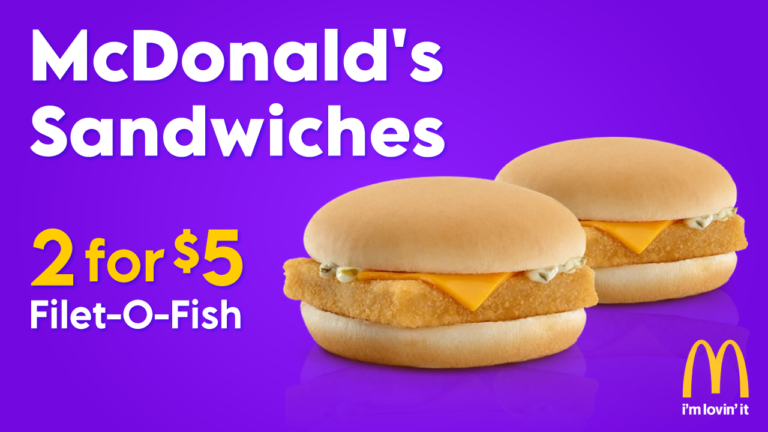 McDonald's advertisement for Filet-O-Fish sandwiches. Two Filet-O-Fish sandwiches are shown on a purple background. The text "McDonald's Sandwiches," "2 for $5," "Filet-O-Fish," and "I'm lovin' it" is also included.