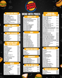 A menu from Burger King showing their various meal options, including burgers, chicken, fish, breakfast items, and sides. Prices are listed next to each item.