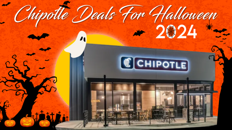 Chipotle restaurant with Halloween decorations and the text "Chipotle Deals for Halloween 2024