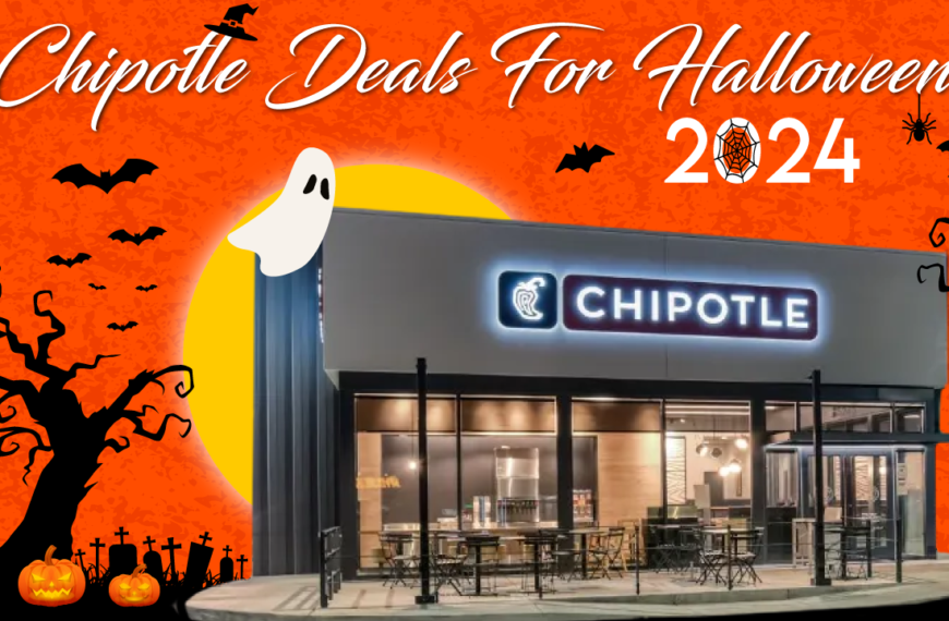 Chipotle restaurant with Halloween decorations and the text "Chipotle Deals for Halloween 2024