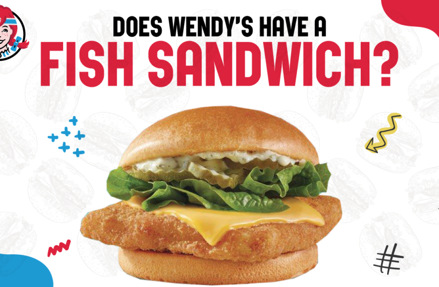 A close-up of Wendy's Crispy Panko Fish Sandwich with melted cheese, pickles, lettuce, and tartar sauce on a toasted bun. Banner image asking "Does Wendy's have a fish sandwich?" with a picture of their Crispy Panko Fish Sandwich