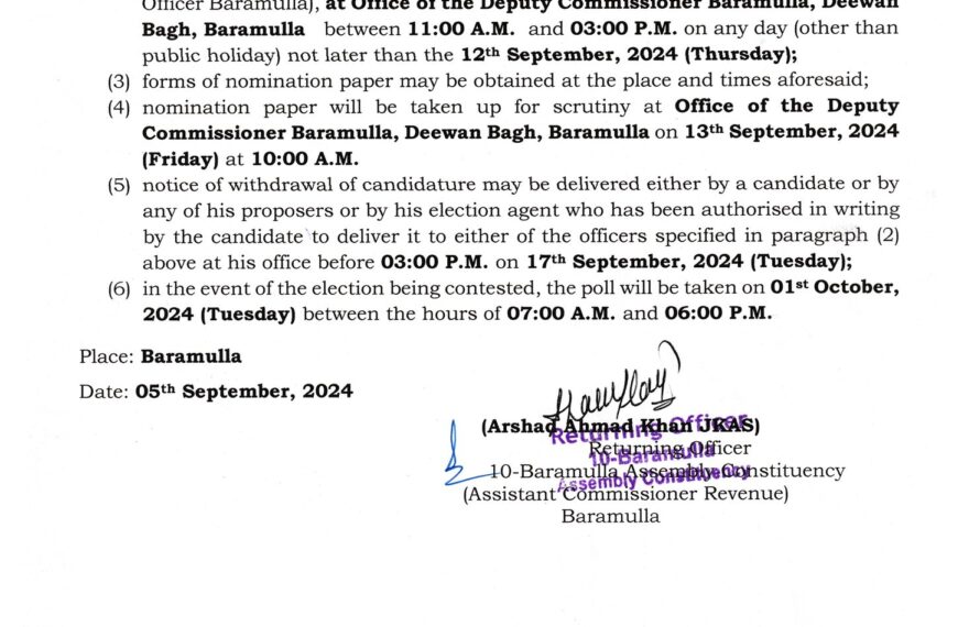 Assembly Elections 2024: Election Notice issued for 7 Assembly Constituencies of District Baramulla