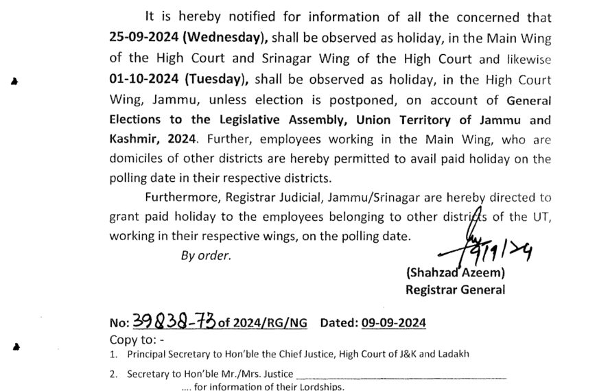 Holiday in Main Wing & Srinagar Wing of HC for Assembly Elections