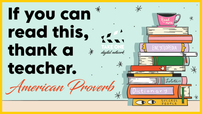 inspirational quotes for teachers that says "If you can read this, thank a teacher." The quote is accompanied by an illustration of a stack of books, a cup of coffee, and stars. The words "American Proverb" are also included.