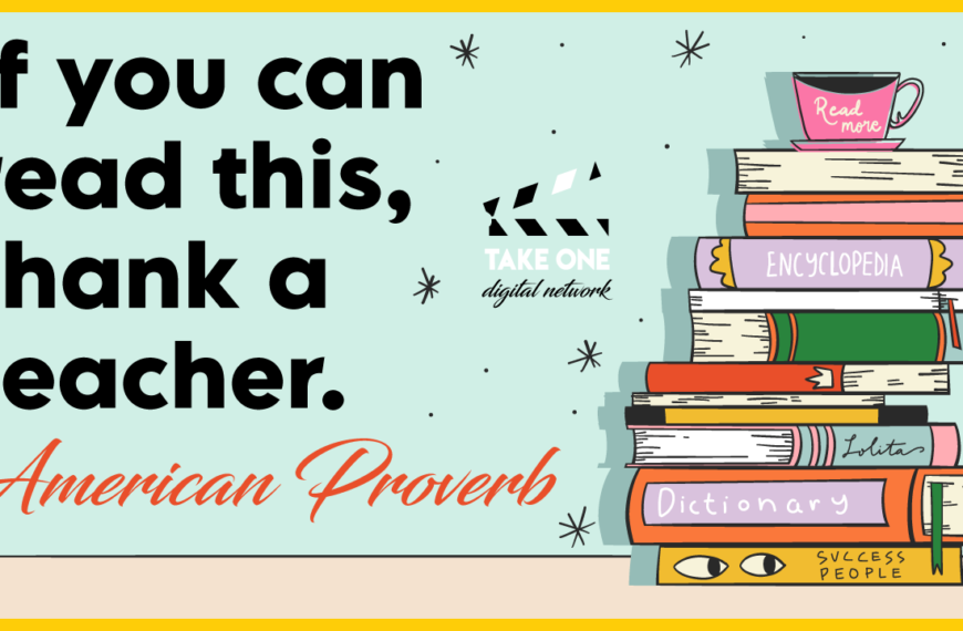 inspirational quotes for teachers that says "If you can read this, thank a teacher." The quote is accompanied by an illustration of a stack of books, a cup of coffee, and stars. The words "American Proverb" are also included.