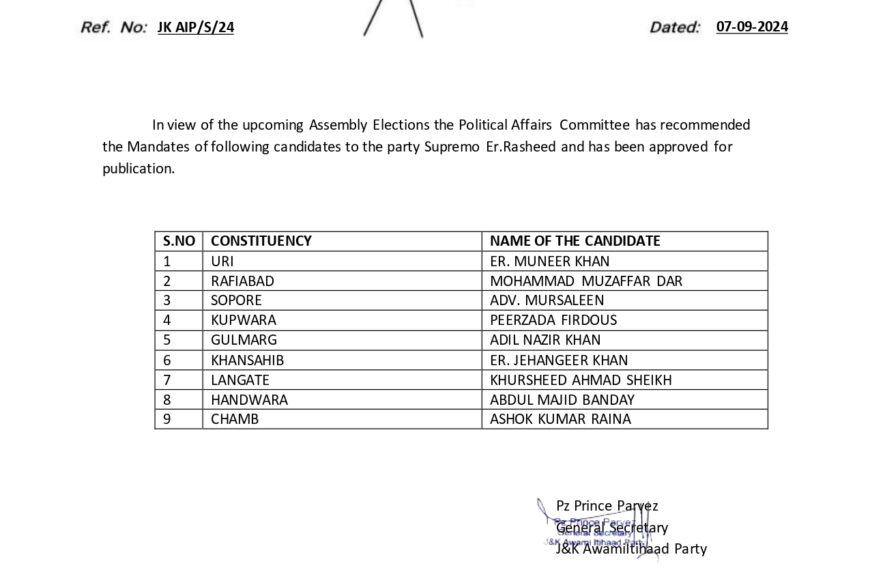 AIP names 09 candidates in its fresh list, brother of engineer Rashid to contest from Langate constituency