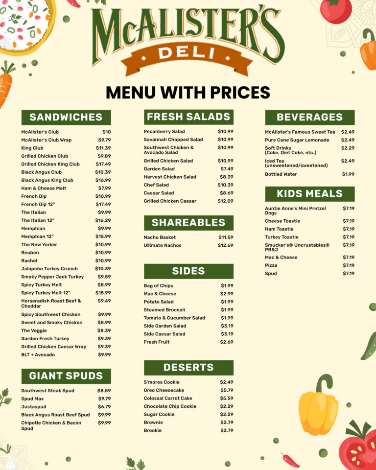 A menu from McAlister's Deli with prices for sandwiches, salads, beverages, kids meals, shareables, sides, giant spuds, and desserts.