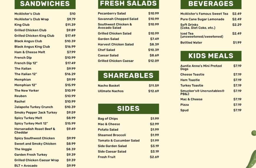 A menu from McAlister's Deli with prices for sandwiches, salads, beverages, kids meals, shareables, sides, giant spuds, and desserts.