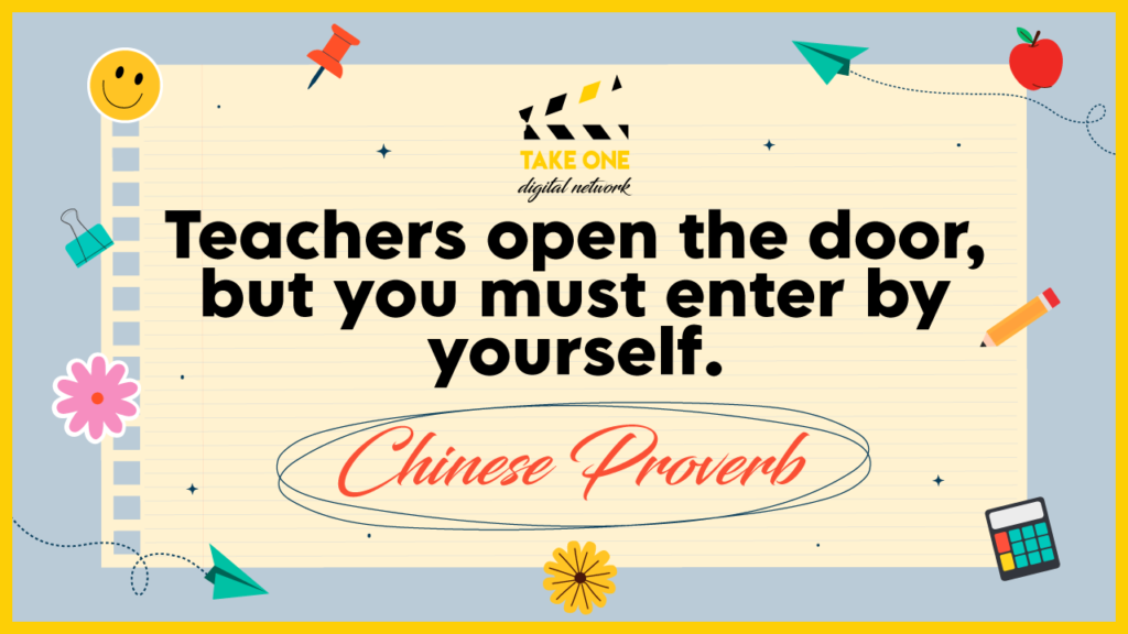 A Chinese proverb that says "Teachers open the door, but you must enter by yourself." The quote is surrounded by school-related icons like a paper airplane, a pencil, a flower, and a calculator.