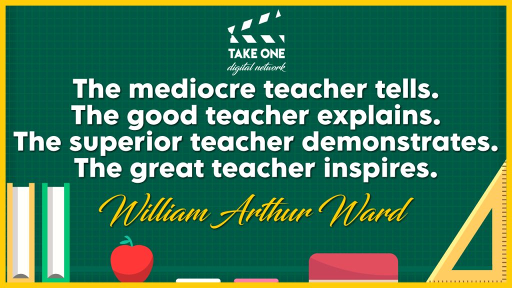 A quote by William Arthur Ward about the different levels of teaching: The mediocre teacher tells, the good teacher explains, the superior teacher demonstrates, and the great teacher inspires.

 The quote is on a chalkboard surrounded by school supplies like books, a ruler, and an apple.