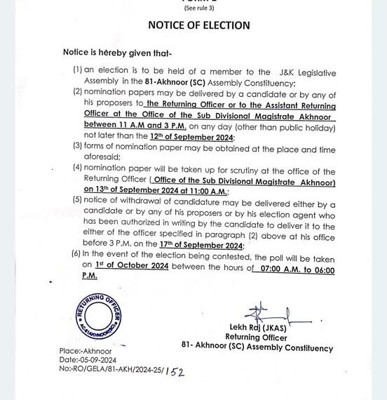 Election notice for 11 Assembly seats of Jammu issued