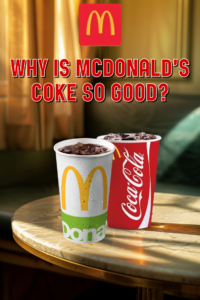 An image prompting the question: Why is McDonald's Coke so good?. It shows two cups of Coke, highlighting the connection between the brands.