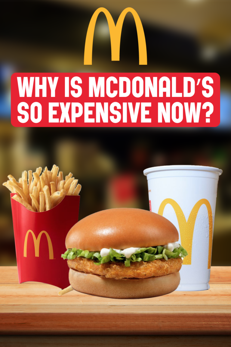 A McDonald's meal consisting of a crispy chicken sandwich, fries, and a drink, with the text "WHY IS MCDONALD'S SO EXPENSIVE NOW?" superimposed.