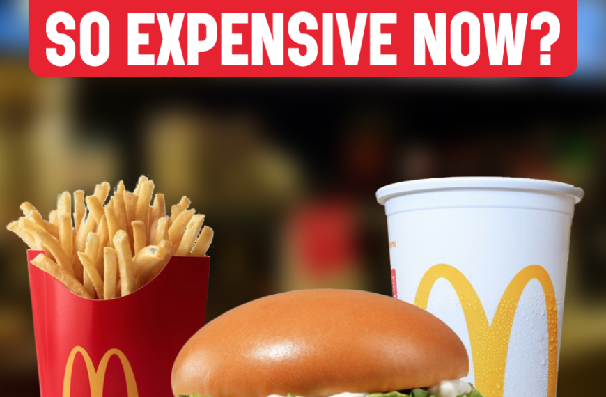 A McDonald's meal consisting of a crispy chicken sandwich, fries, and a drink, with the text "WHY IS MCDONALD'S SO EXPENSIVE NOW?" superimposed.