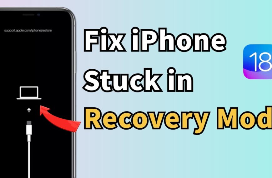 A screenshot showing an iPhone in recovery mode with a cable connected, and text overlay stating "Fix iPhone Stuck in Recovery Mode" with a reference to iOS 18.