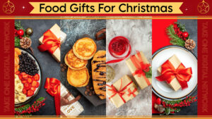 A collage of images related to Christmas food gifts. The images show pancakes with fruit and chocolate sauce, a wrapped gift with a red ribbon, and a plate with wrapped gifts and Christmas decorations. The title "Food Gifts For Christmas" is displayed at the top.