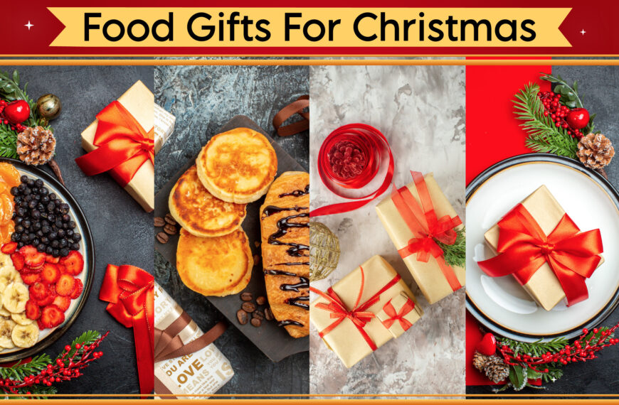 A collage of images related to Christmas food gifts. The images show pancakes with fruit and chocolate sauce, a wrapped gift with a red ribbon, and a plate with wrapped gifts and Christmas decorations. The title "Food Gifts For Christmas" is displayed at the top.