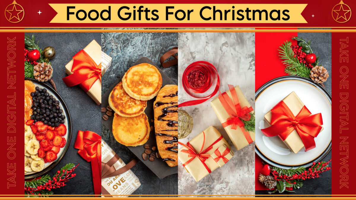 A collage of images related to Christmas food gifts. The images show pancakes with fruit and chocolate sauce, a wrapped gift with a red ribbon, and a plate with wrapped gifts and Christmas decorations. The title "Food Gifts For Christmas" is displayed at the top.