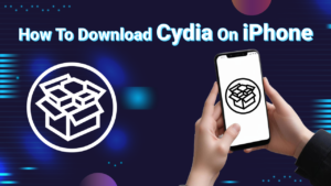 A banner illustrating the process of downloading Cydia, an alternative app store for iPhones. The image features the Cydia logo alongside a person holding a smartphone with the Cydia app open on the screen.