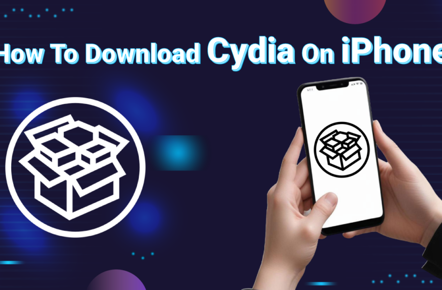 A banner illustrating the process of downloading Cydia, an alternative app store for iPhones. The image features the Cydia logo alongside a person holding a smartphone with the Cydia app open on the screen.