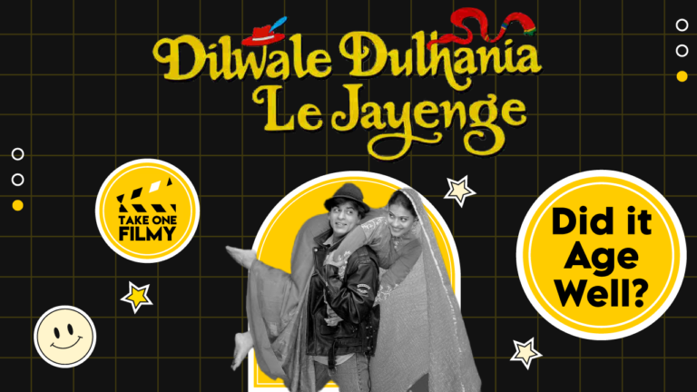 A vintage Bollywood movie poster for Dilwale Dulhania Le Jayenge, featuring Shah Rukh Khan and Kajol in a romantic pose. The poster has a tagline that says, "Did it age well?