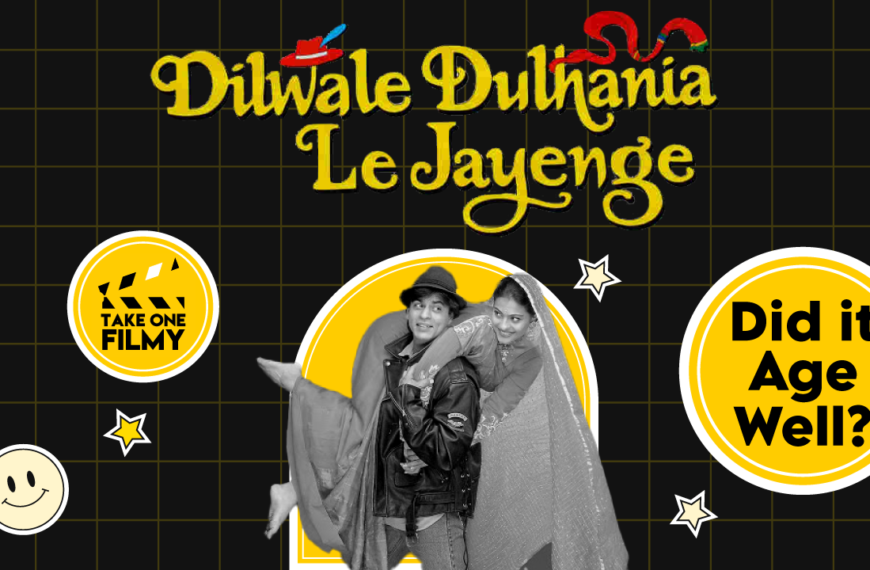 A vintage Bollywood movie poster for Dilwale Dulhania Le Jayenge, featuring Shah Rukh Khan and Kajol in a romantic pose. The poster has a tagline that says, "Did it age well?