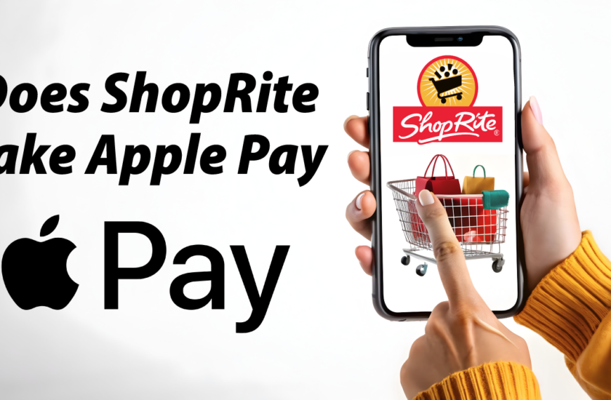 A person holding a smartphone with the ShopRite logo on the screen. The person's finger is touching the screen above a shopping cart icon. The text "Does ShopRite Take Apple Pay" is displayed at the top, and the Apple Pay logo is at the bottom.