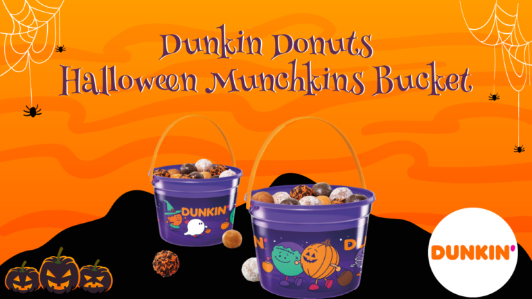 Dunkin' Donuts Halloween Munchkins Bucket. Two purple buckets filled with bite-sized donuts are on display against an orange background with Halloween decorations. The buckets have a Dunkin' Donuts logo and are adorned with Halloween-themed graphics.