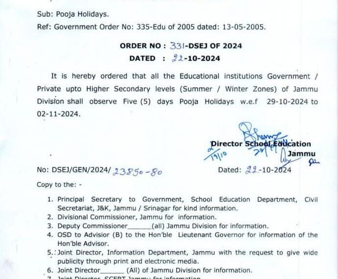 5-day Puja holidays in Jammu schools from Oct 29