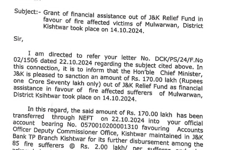 JK Govt sanctions monetary aid for Kishtwar’s Mulwarwan Fire Victims