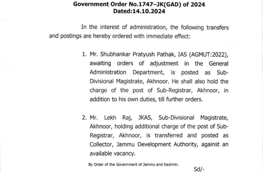 J&K Govt orders transfers and postings of IAS, JKAS Officers