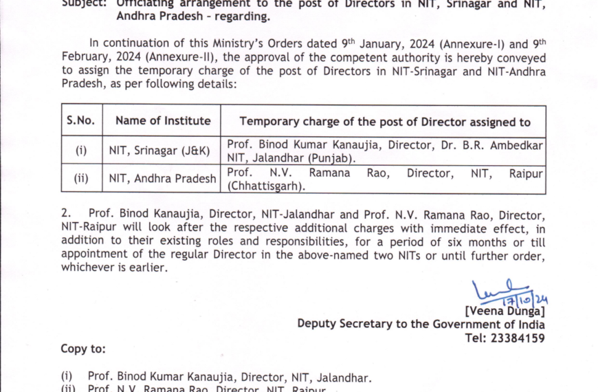 Prof Binod Kumar Kanaujia assigned additional charges of Director NIT Srinagar