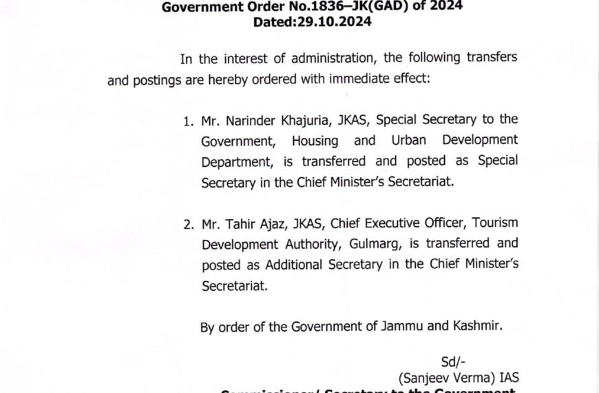 Two JKAS officers transferred and posted by J&K Govt Admin