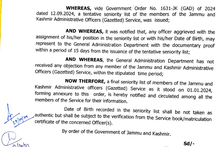 J&K Govt releases final seniority list of JKAS Officers